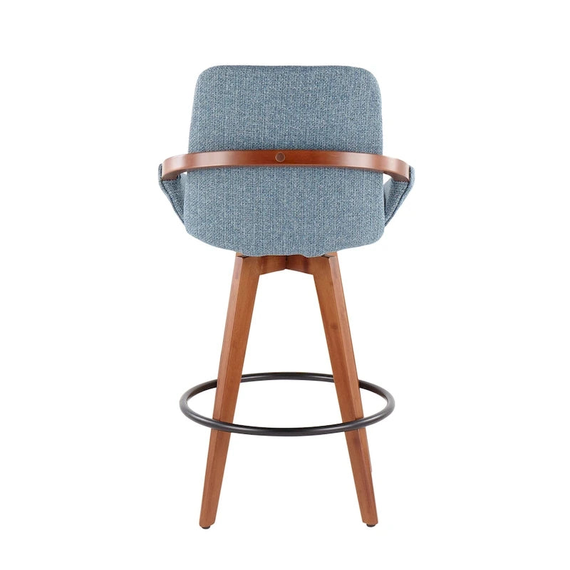 Mid-Century Modern Fixed-Height Swivel Counter Stool with Upholstered Seat Walnut Bamboo Arms and Metal Footrest