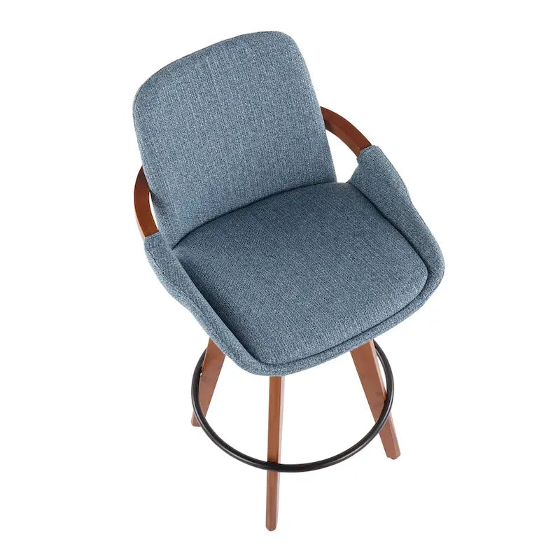 Mid-Century Modern Fixed-Height Swivel Counter Stool with Upholstered Seat Walnut Bamboo Arms and Metal Footrest