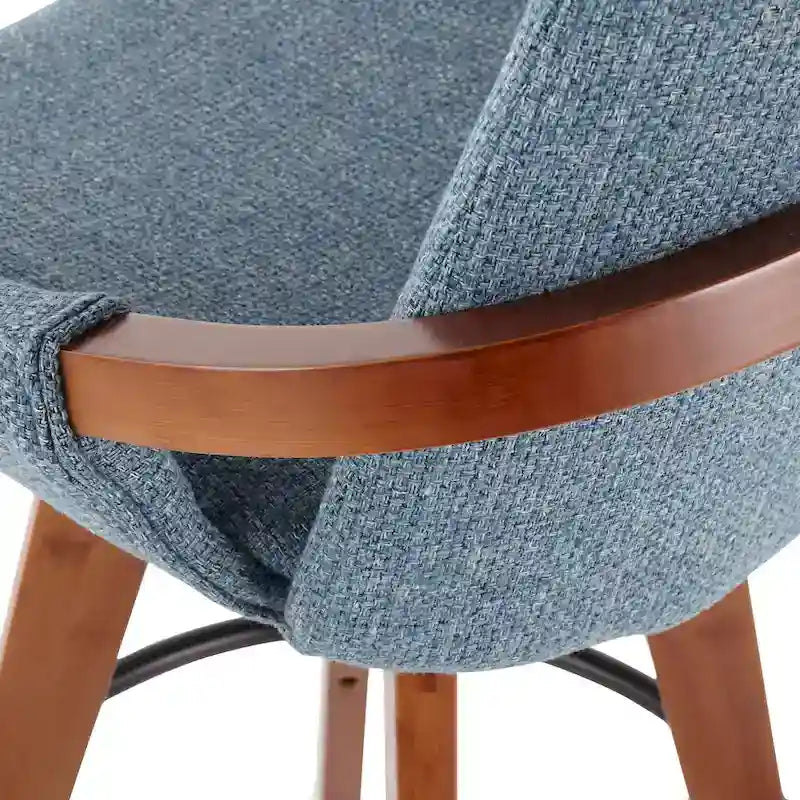 Mid-Century Modern Fixed-Height Swivel Counter Stool with Upholstered Seat Walnut Bamboo Arms and Metal Footrest