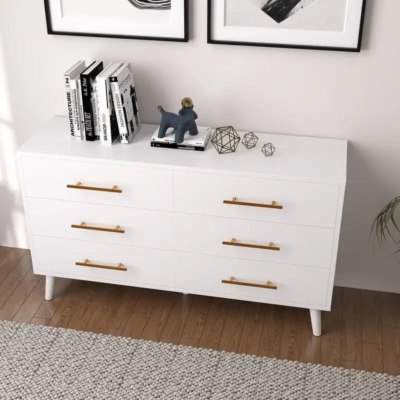 6-Drawer Double Dresser in White or Black with Metal Bar Pulls Solid Wood Legs and Spacious Top