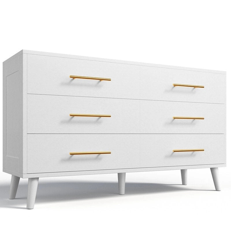 6-Drawer Double Dresser in White or Black with Metal Bar Pulls Solid Wood Legs and Spacious Top