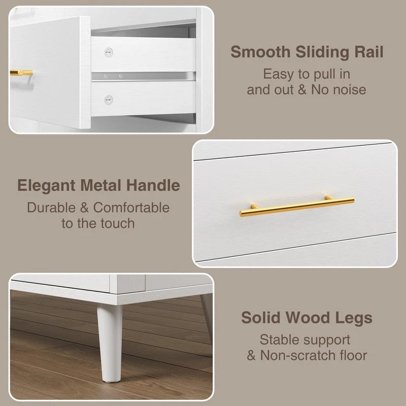 6-Drawer Double Dresser in White or Black with Metal Bar Pulls Solid Wood Legs and Spacious Top