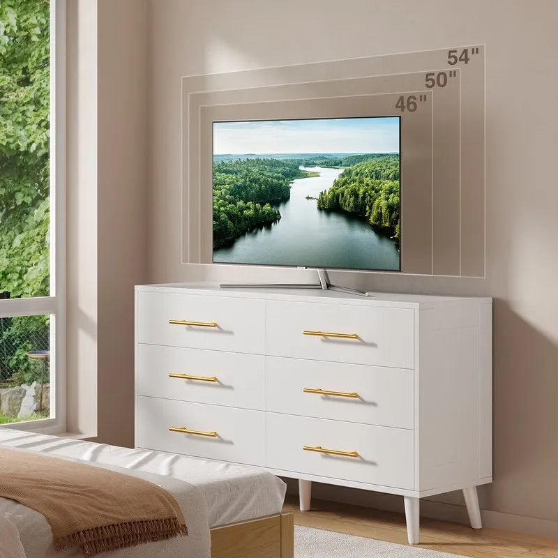6-Drawer Double Dresser in White or Black with Metal Bar Pulls Solid Wood Legs and Spacious Top
