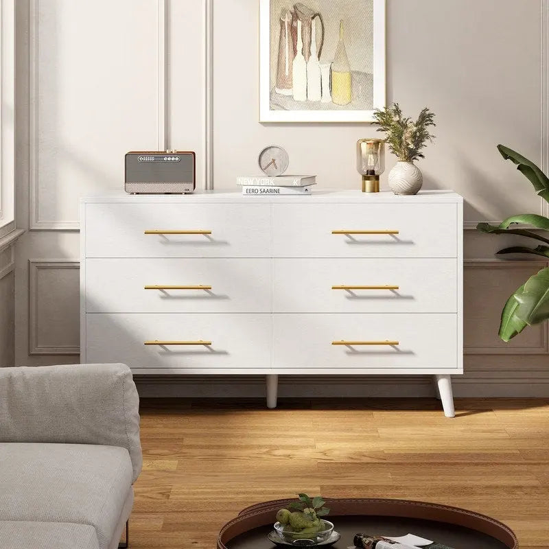 6-Drawer Double Dresser in White or Black with Metal Bar Pulls Solid Wood Legs and Spacious Top