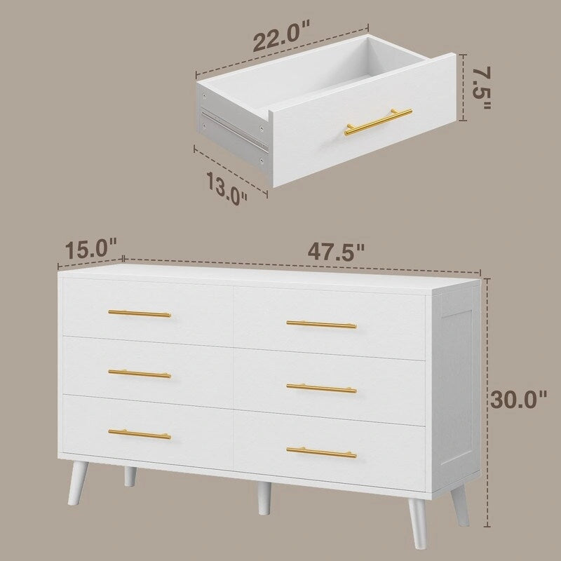 6-Drawer Double Dresser in White or Black with Metal Bar Pulls Solid Wood Legs and Spacious Top