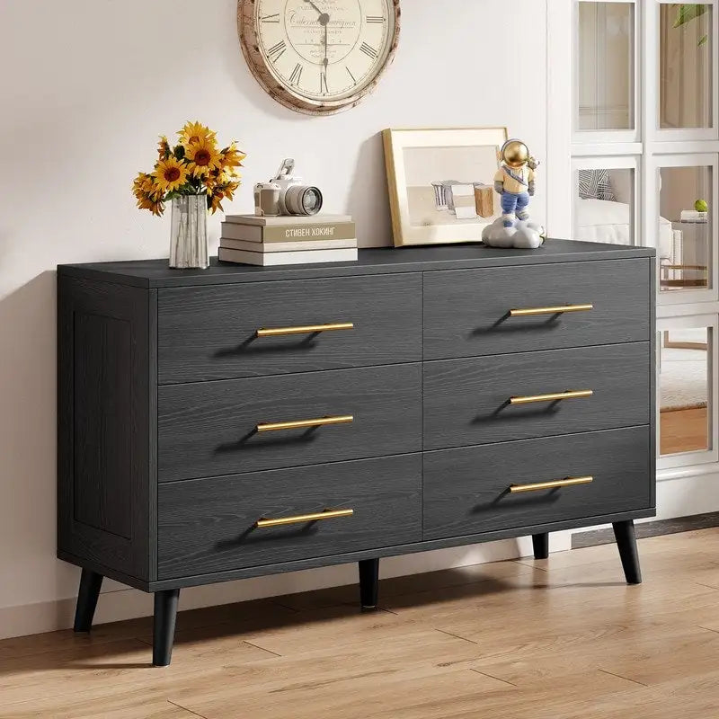6-Drawer Double Dresser in White or Black with Metal Bar Pulls Solid Wood Legs and Spacious Top