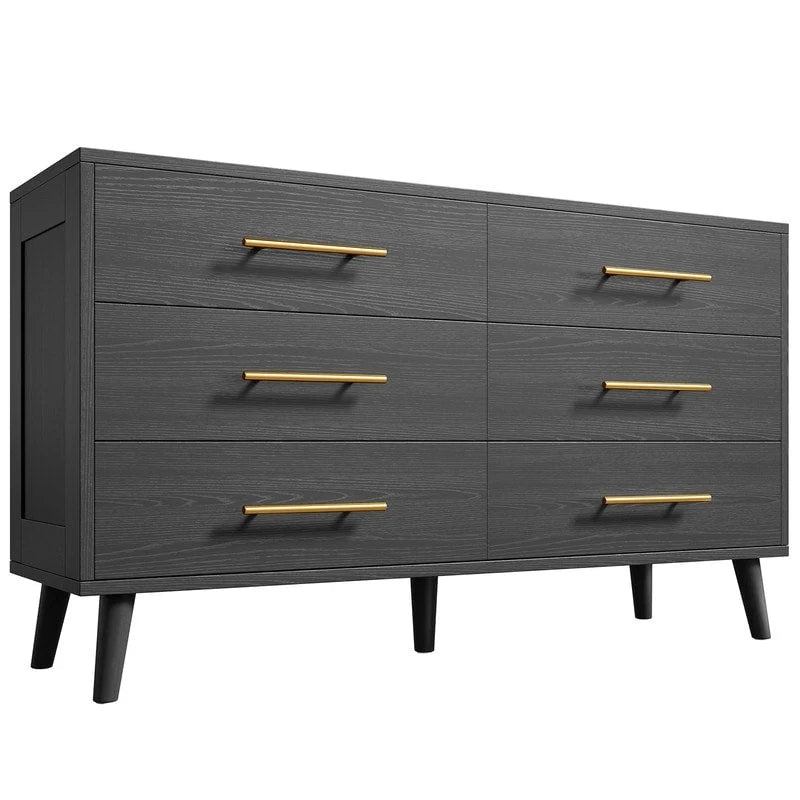 6-Drawer Double Dresser in White or Black with Metal Bar Pulls Solid Wood Legs and Spacious Top