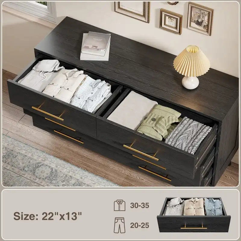 6-Drawer Double Dresser in White or Black with Metal Bar Pulls Solid Wood Legs and Spacious Top