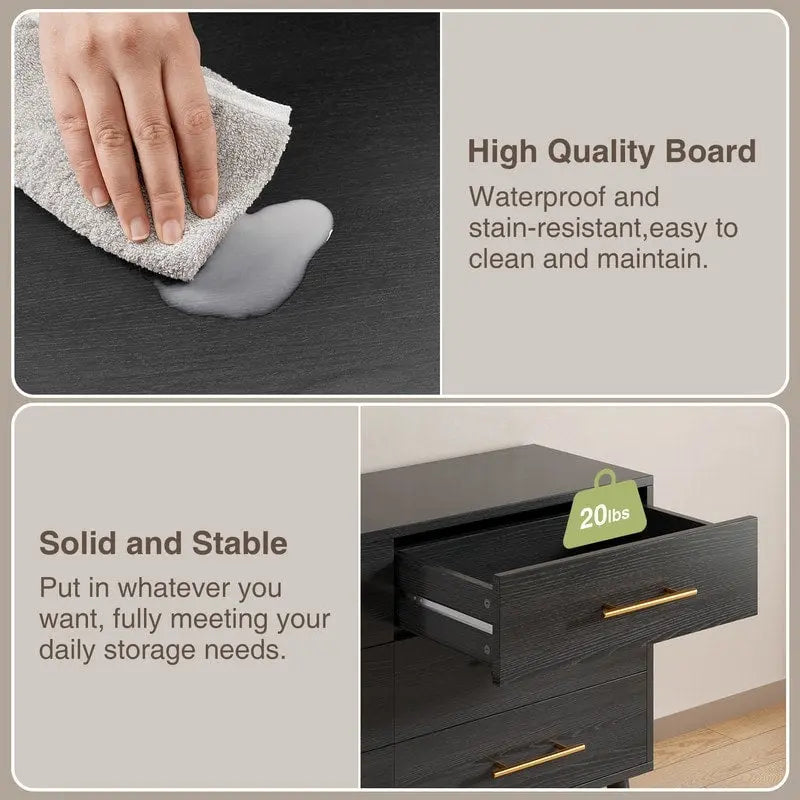 6-Drawer Double Dresser in White or Black with Metal Bar Pulls Solid Wood Legs and Spacious Top