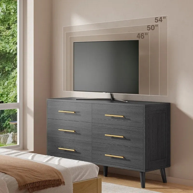 6-Drawer Double Dresser in White or Black with Metal Bar Pulls Solid Wood Legs and Spacious Top