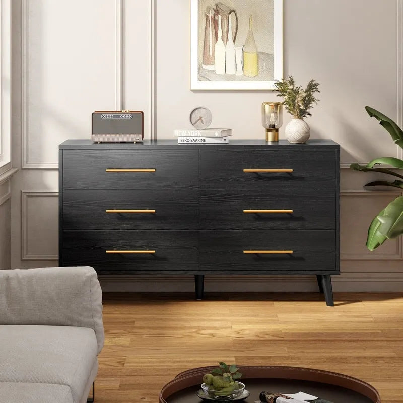 6-Drawer Double Dresser in White or Black with Metal Bar Pulls Solid Wood Legs and Spacious Top