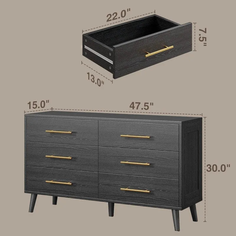 6-Drawer Double Dresser in White or Black with Metal Bar Pulls Solid Wood Legs and Spacious Top