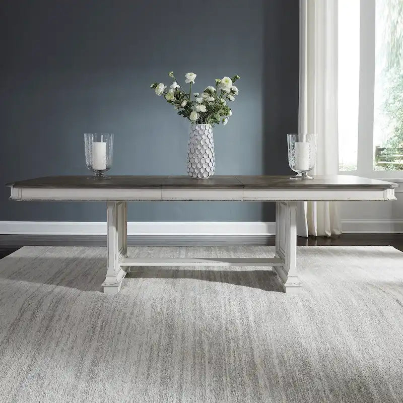 Extendable Trestle Dining Table with Antique White Distressed Base and Weathered Brown Top