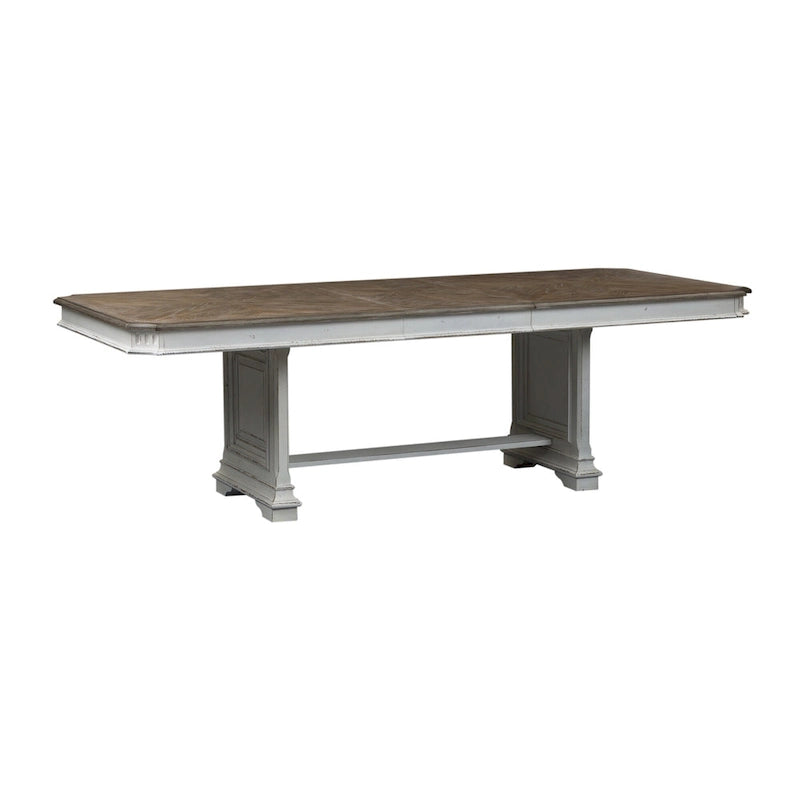 Extendable Trestle Dining Table with Antique White Distressed Base and Weathered Brown Top