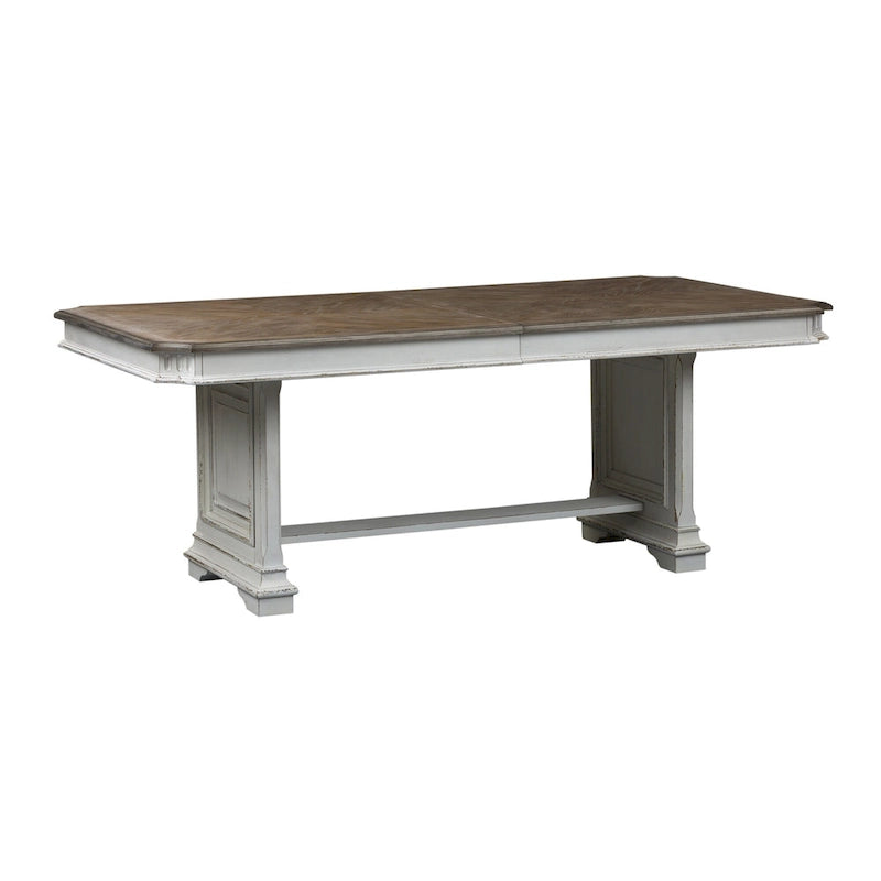 Extendable Trestle Dining Table with Antique White Distressed Base and Weathered Brown Top