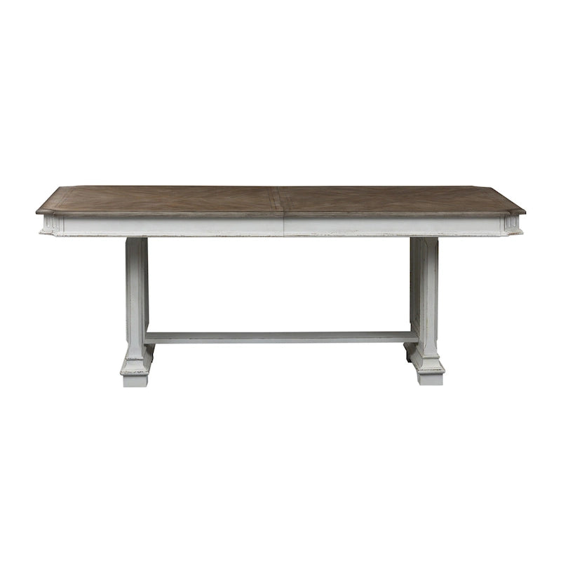Extendable Trestle Dining Table with Antique White Distressed Base and Weathered Brown Top
