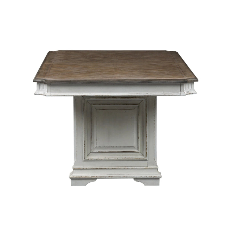Extendable Trestle Dining Table with Antique White Distressed Base and Weathered Brown Top