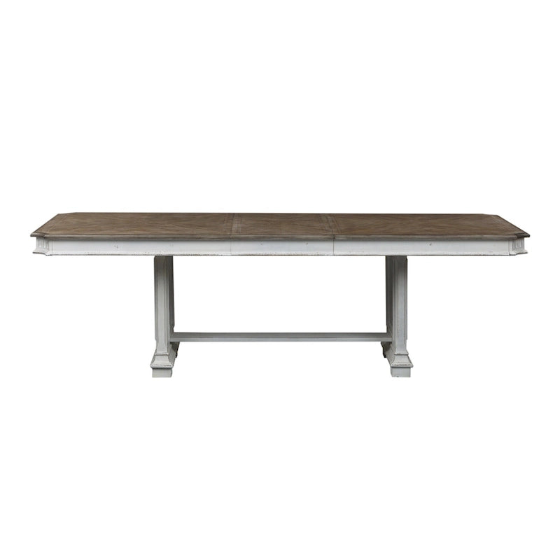 Extendable Trestle Dining Table with Antique White Distressed Base and Weathered Brown Top