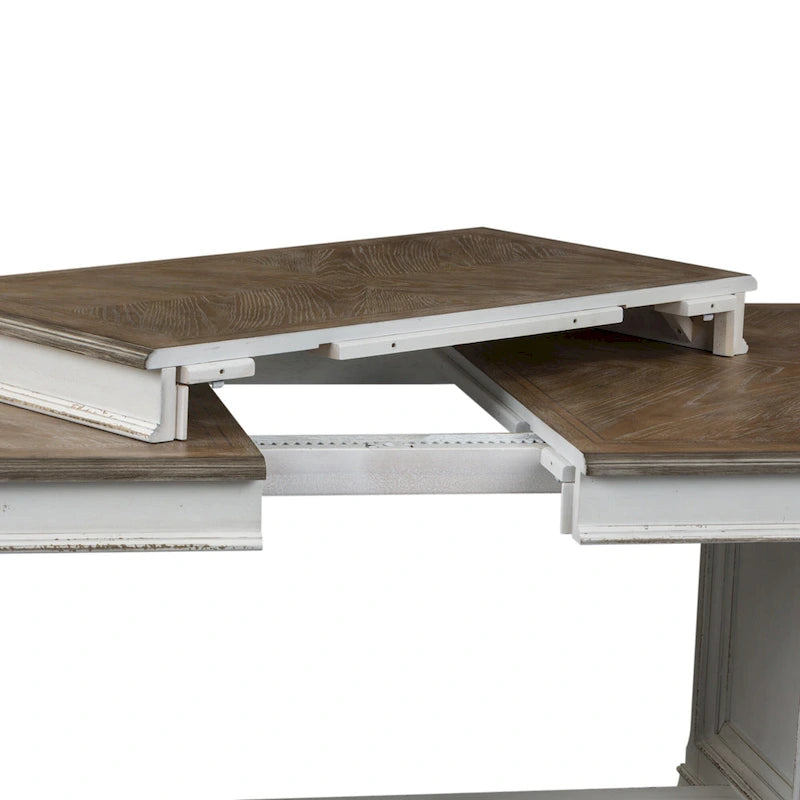 Extendable Trestle Dining Table with Antique White Distressed Base and Weathered Brown Top