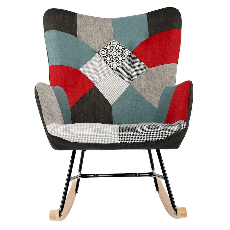 Mid-Century Modern Patchwork Wingback Rocking Chair with Tufted Back and Wood Rockers