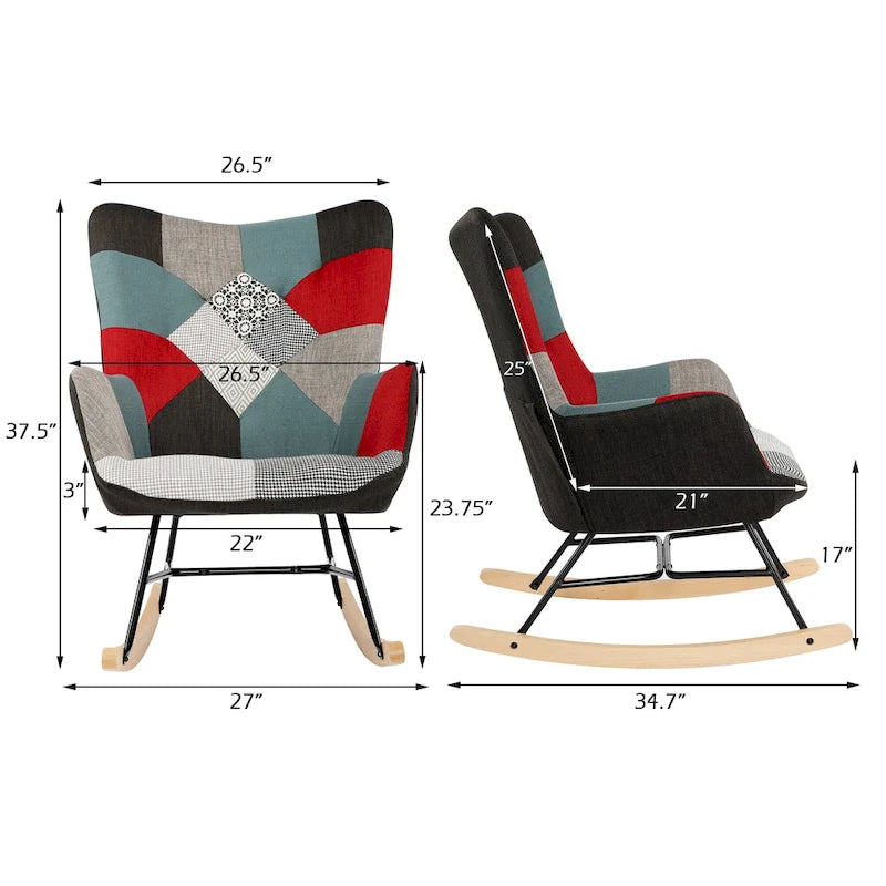 Mid-Century Modern Patchwork Wingback Rocking Chair with Tufted Back and Wood Rockers