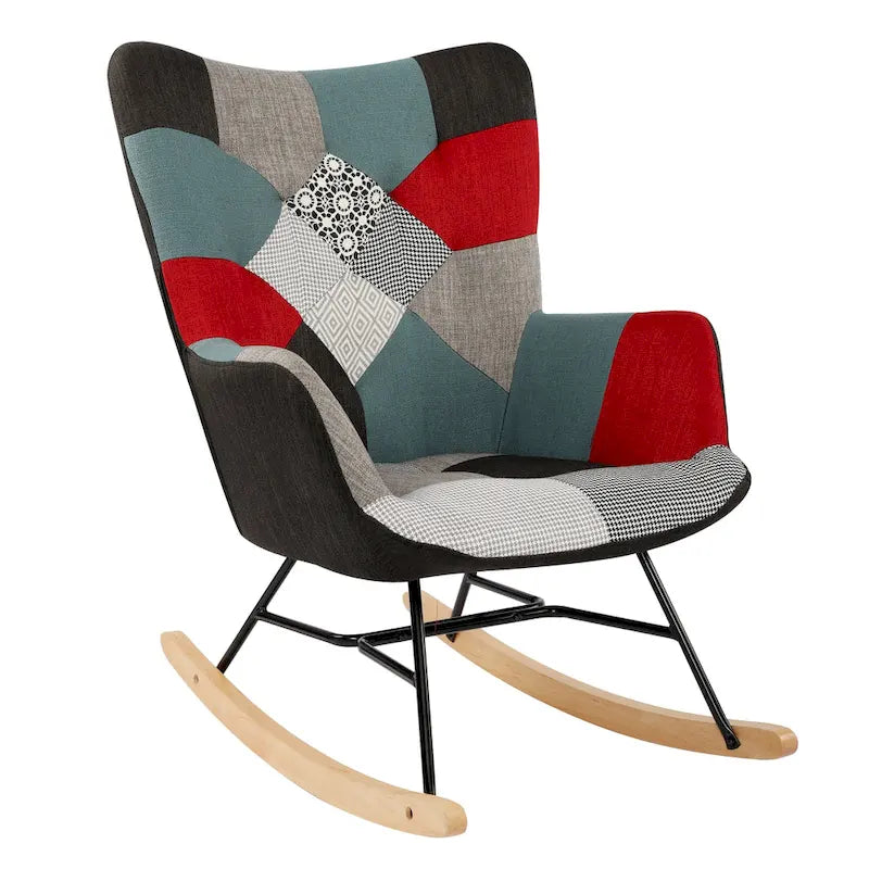 Mid-Century Modern Patchwork Wingback Rocking Chair with Tufted Back and Wood Rockers