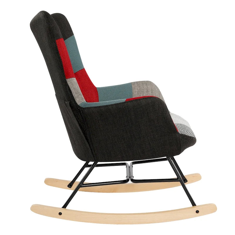 Mid-Century Modern Patchwork Wingback Rocking Chair with Tufted Back and Wood Rockers