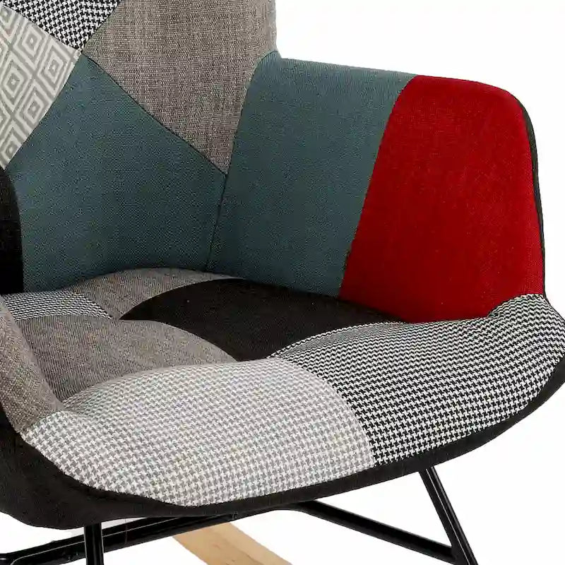 Mid-Century Modern Patchwork Wingback Rocking Chair with Tufted Back and Wood Rockers