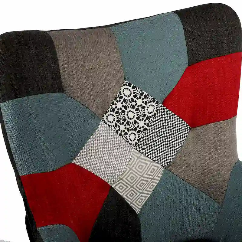 Mid-Century Modern Patchwork Wingback Rocking Chair with Tufted Back and Wood Rockers