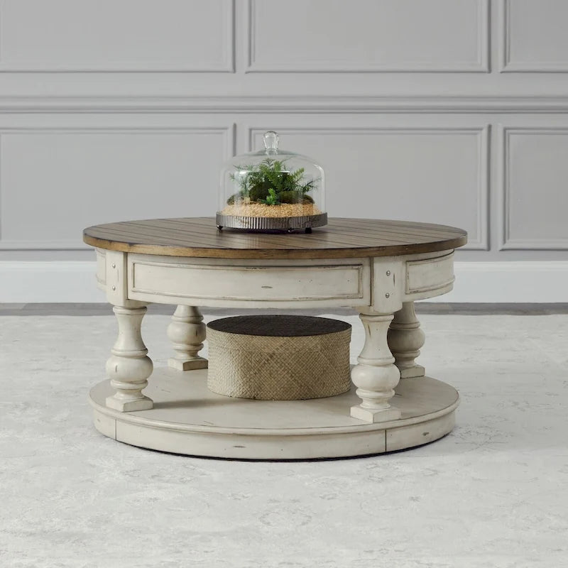 Antique White Round Cocktail Table with Tobacco Planked Top and Storage Shelf