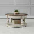 Antique White Round Cocktail Table with Tobacco Planked Top and Storage Shelf