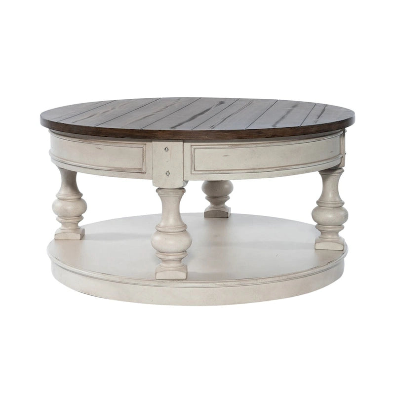 Antique White Round Cocktail Table with Tobacco Planked Top and Storage Shelf