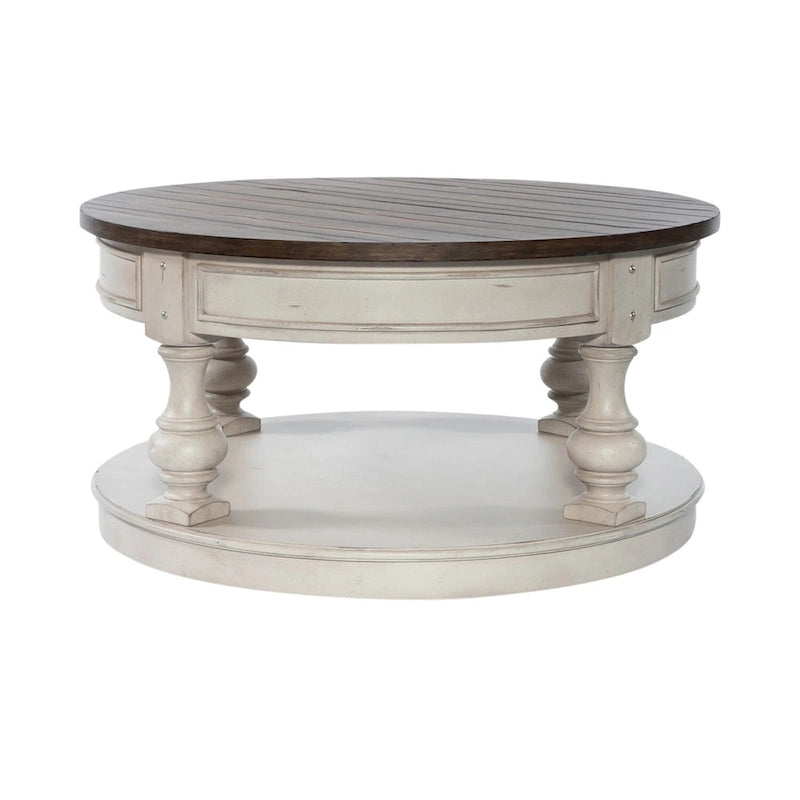 Antique White Round Cocktail Table with Tobacco Planked Top and Storage Shelf