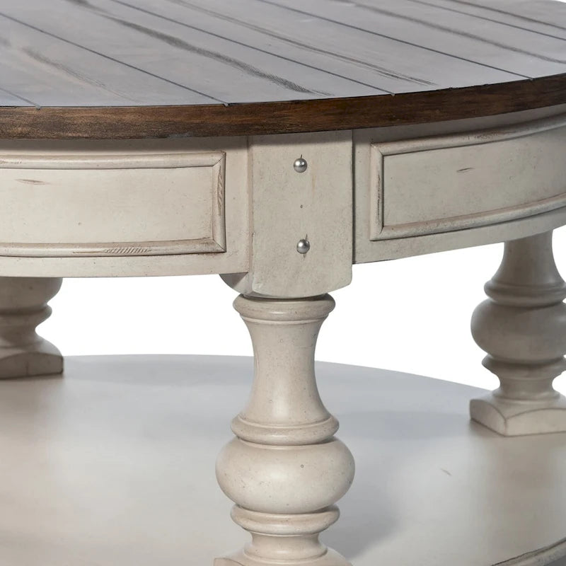 Antique White Round Cocktail Table with Tobacco Planked Top and Storage Shelf
