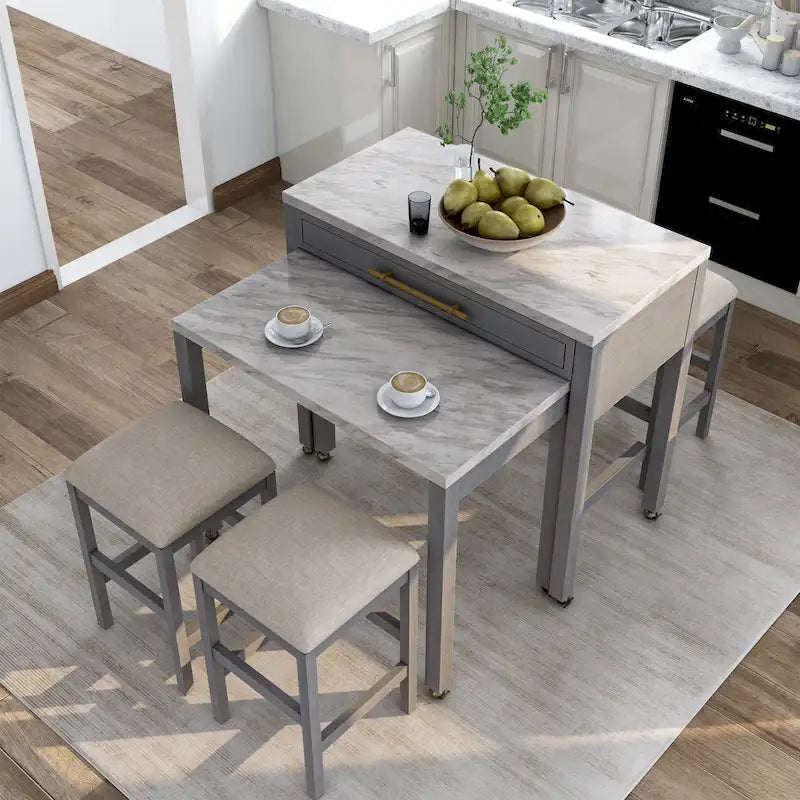 Farmhouse Counter Height Dining Table with Slide-Out Surface Drawer and Casters Gray