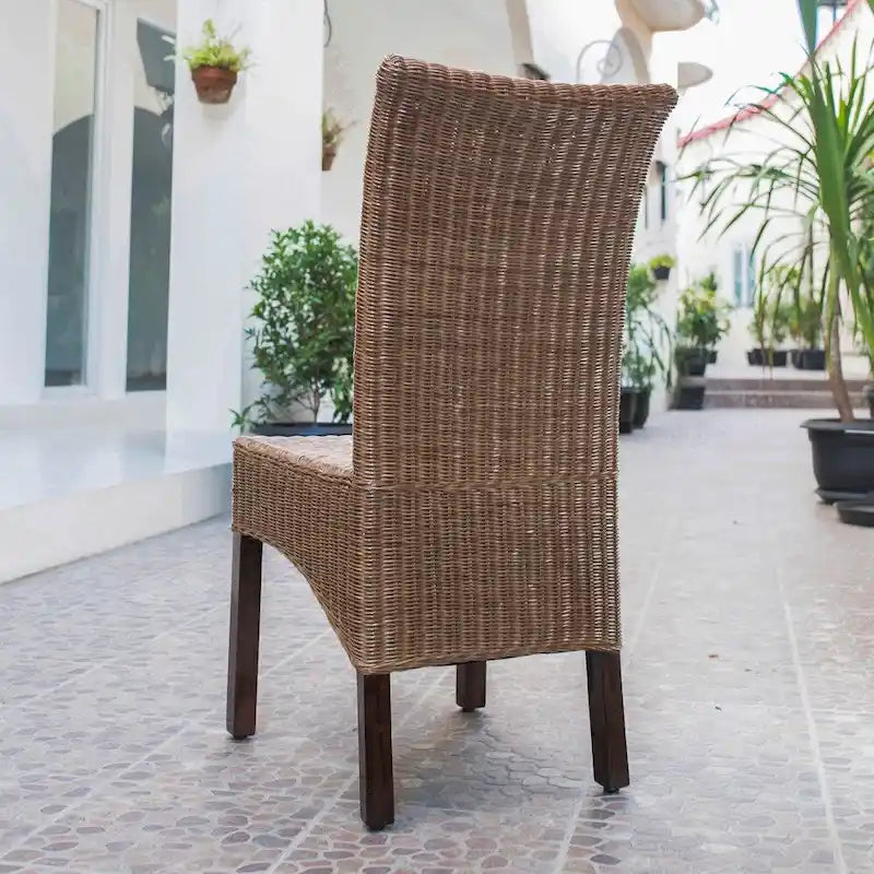 Woven Rattan High-Back Dining Chair with Mahogany Wood Legs Natural Brown
