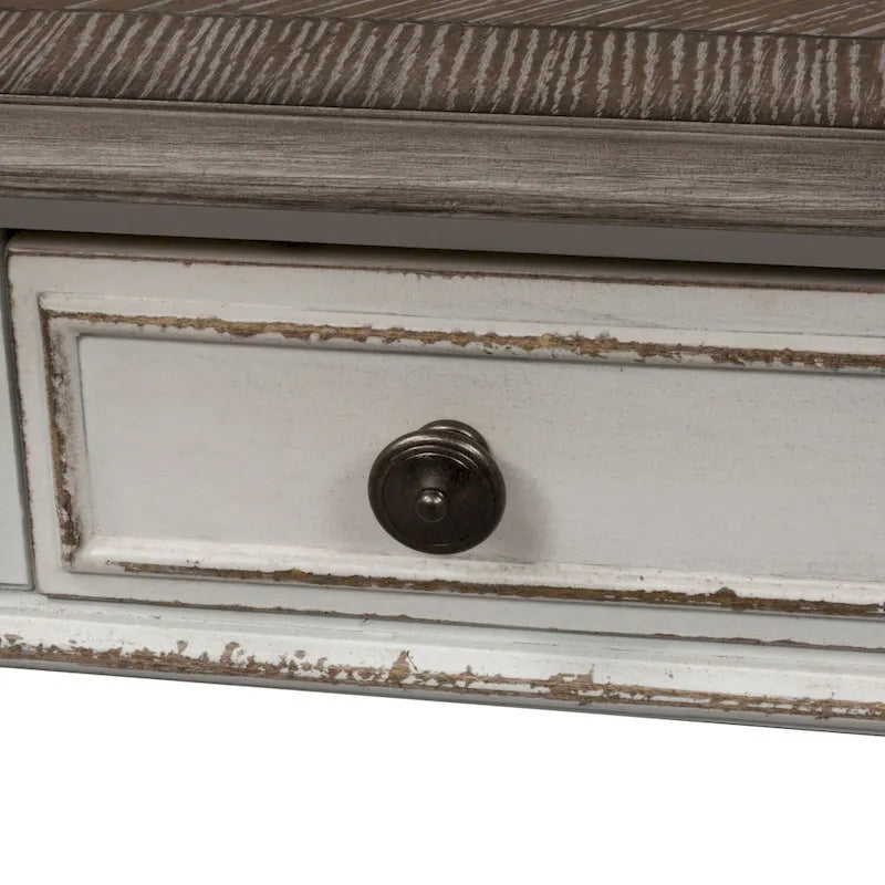 Rectangular Cocktail Table in Antique White with Weathered Top Turned Legs Casters and Bottom Shelf