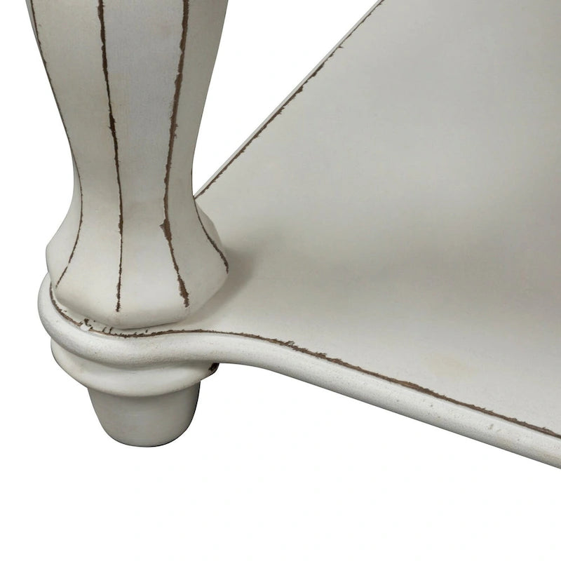 Rectangular Cocktail Table in Antique White with Weathered Top Turned Legs Casters and Bottom Shelf