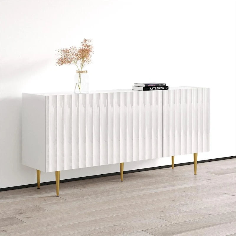 63 Inch Modern Sideboard with Fluted Door Fronts High-Gloss Finish and Gold Metal Legs in Black or White