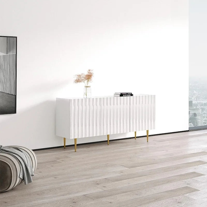 63 Inch Modern Sideboard with Fluted Door Fronts High-Gloss Finish and Gold Metal Legs in Black or White