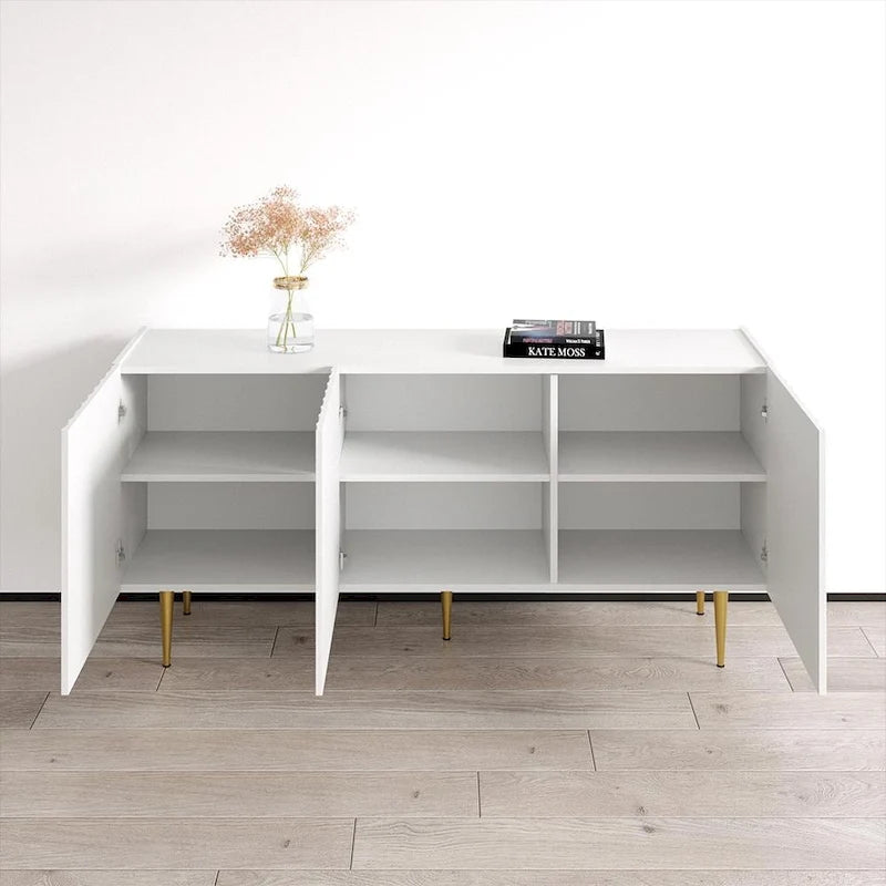 63 Inch Modern Sideboard with Fluted Door Fronts High-Gloss Finish and Gold Metal Legs in Black or White