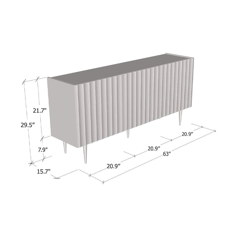 63 Inch Modern Sideboard with Fluted Door Fronts High-Gloss Finish and Gold Metal Legs in Black or White