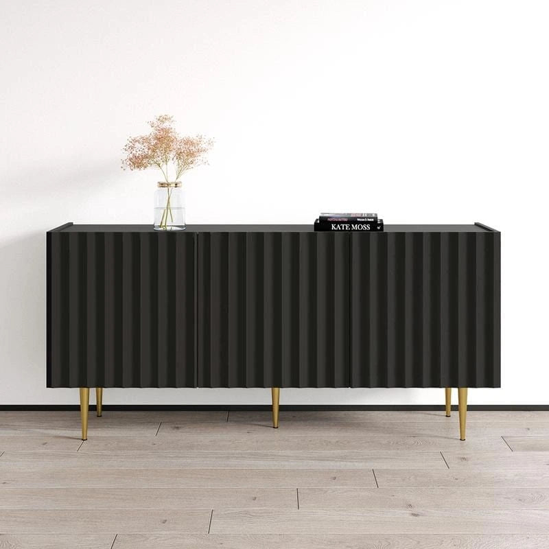 63 Inch Modern Sideboard with Fluted Door Fronts High-Gloss Finish and Gold Metal Legs in Black or White