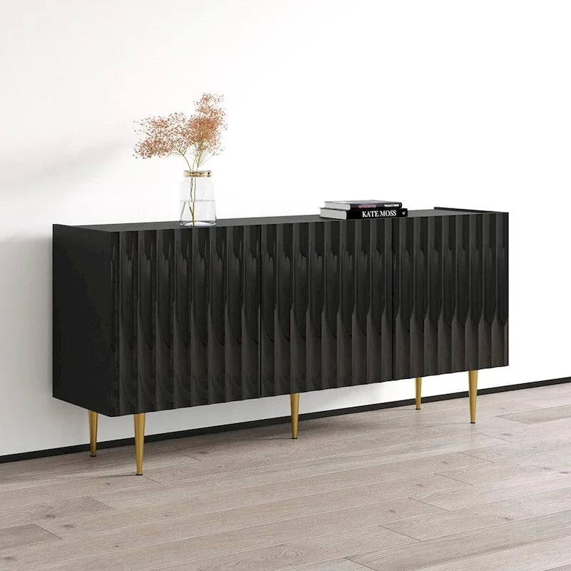 63 Inch Modern Sideboard with Fluted Door Fronts High-Gloss Finish and Gold Metal Legs in Black or White