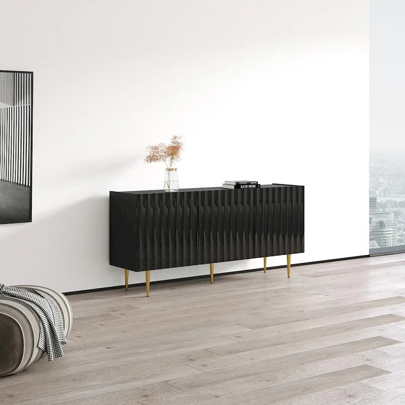 63 Inch Modern Sideboard with Fluted Door Fronts High-Gloss Finish and Gold Metal Legs in Black or White
