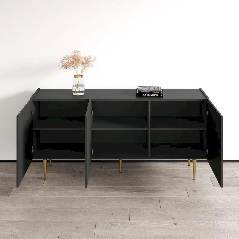 63 Inch Modern Sideboard with Fluted Door Fronts High-Gloss Finish and Gold Metal Legs in Black or White