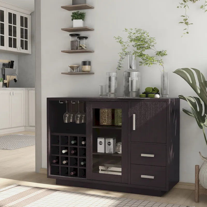 Modern Wine Bar Buffet Cabinet with Wine Rack Stemware Holder and Drawers