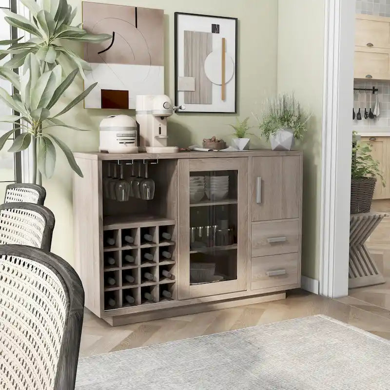 Modern Wine Bar Buffet Cabinet with Wine Rack Stemware Holder and Drawers