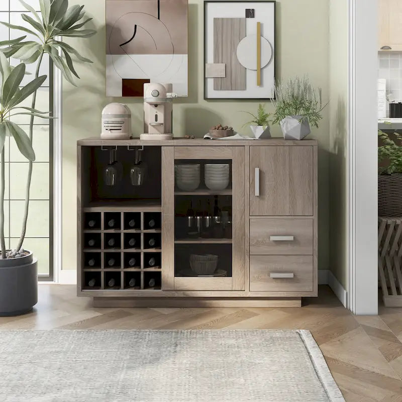 Modern Wine Bar Buffet Cabinet with Wine Rack Stemware Holder and Drawers