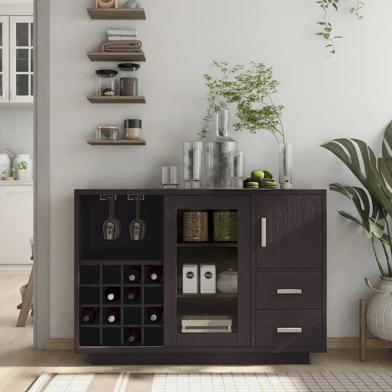 Modern Wine Bar Buffet Cabinet with Wine Rack Stemware Holder and Drawers